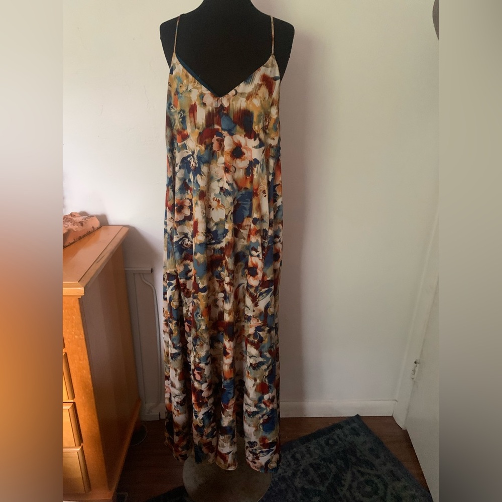 Nicole Miller New York Maxi Dress Womens Large Teal Multi Floral Satin Long